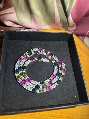 Collar Cadena Tenis Corte Ovalado Mixto Multicolor Chapado en Oro Blanco 14k 16" Foto 1 de 4