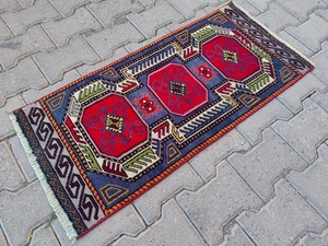 Vintage Turkish Kilim Mat 3.3x1.5 ft | Red Geometric Small Rug - Picture 1 of 13