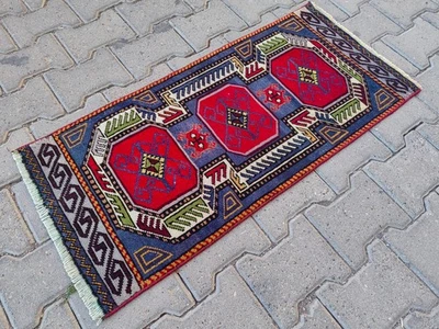 Vintage Turkish Kilim Mat 3.3x1.5 ft | Red Geometric Small Rug - Image 1 of 4