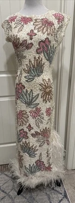 Luxury Sequin Bead Feather Evening Gown Buckners Long Island HandMade SZ ? Read - Image 1 of 4