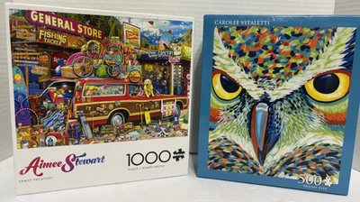 Buffalo Games "Family Vacation" 1000 pc Puzzle & "Bright Eyes" 500 pc Puzzle NEW - Image 1 of 4