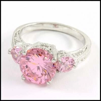 10k White Gold Plate Ring with Large Lab Created Pink Sapphires Size 8 - Image 1 of 4