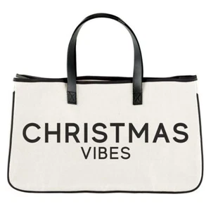 20" Canvas Holiday Tote Bag with Leather Handle - Christmas Vibes - Picture 1 of 2