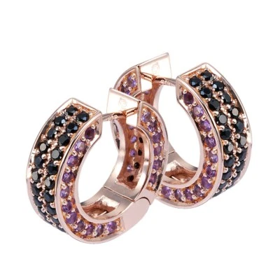 Pendientes Huggie Amatista Espinela Negra Plata 925 Chapados en Oro Rosa Foto 1 de 4