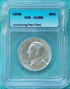 1936 AU 58 Error Planchet Flaw Lynchburg Classic Commemorative Half 20,013 Mint - Picture 1 of 3