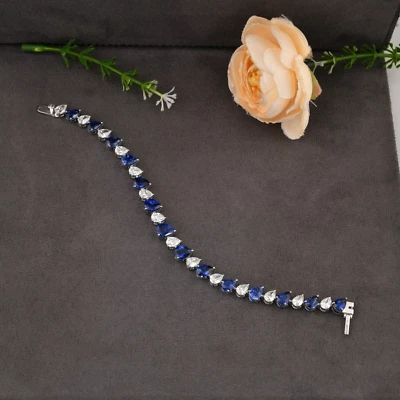 21.75 Gesamt Karat Gewicht Natürlich Blauer Saphir H/Si Birne Diamant Armband - Bild 1 von 4