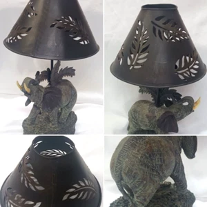 ELEPHANT CANDLE HOLDER LAMP TEA VOTIVE LIGHT RESIN BASE W/ METAL SHADE 15" TALL - Picture 1 of 22