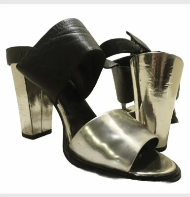 Kenneth Cole Heels 10M New York High Sandals Leather Susie Chrome Silver Black - Image 1 of 4