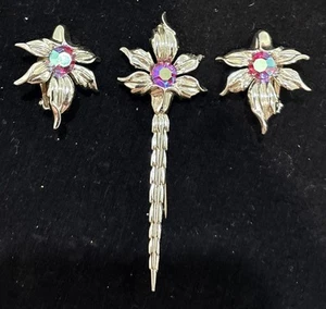 Vintage SIGNIERTE EMMONS Blumenstab Zepter Brosche Ohrringe Set AB Strass. - Bild 1 von 7