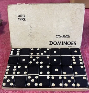 Vintage Puremco Dominos  Marblelike No. 816 Black Super Thick  w Rules for 42 - Picture 1 of 11