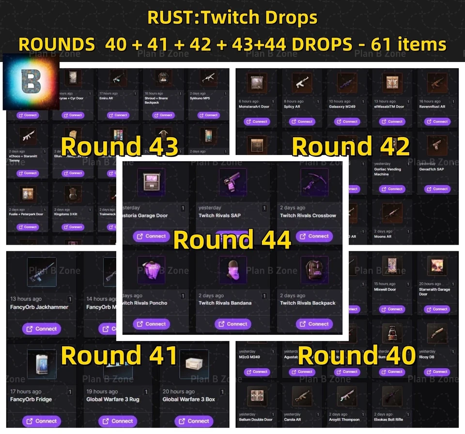 RUST:Twitch Drops: ROUNDS 40 + 41 + 42 + 43+44 DROPS - 61 items, Fast Delivery - Image 1 of 1