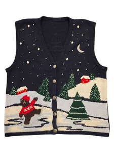 Vintage 90s Bobby Brooks Bear Ice Skating Winter Scene Sweater Vest Womens M - Picture 1 of 8
