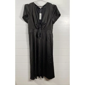 Baltic Born Kleid Damen XL schwarz Mohn Satin Midi vorne zum Binden Kurzarm gefüttert - Bild 1 von 15