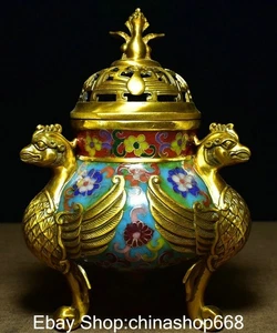 Antico incensiere di fiori 9,4" marcato cinese cloisonne rame dinastia piedi gru - Foto 1 di 9
