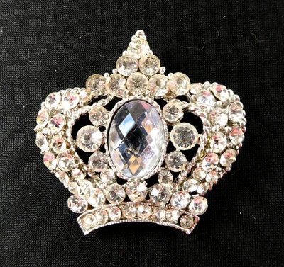Vintage Large Rhinestone Crown Pin Brooch Queen Princess Jewelry Clear Stones - Image 1 of 4