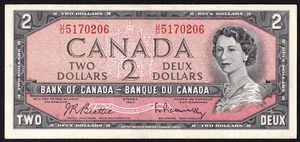 Canada 1954 $2 Two Dollar Banknote Beattie - Rasminsky U/U 5170206 - Picture 1 of 2
