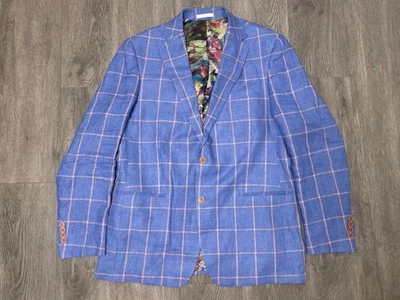 Tallia Blazer Mens 44L Blue Windowpane Check Linen Sport Coat Floral Jacket - Image 1 of 4