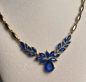 Collana Strass Blu Tono Oro Foglia Marchesa Goccia Dichiarazione Elegante Glam - Foto 1 di 6