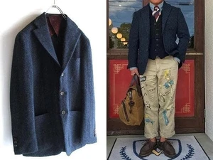 Boy's Market × HARRIS TWEED Herringbone 3B Jacket Navy Blue - Picture 1 of 9
