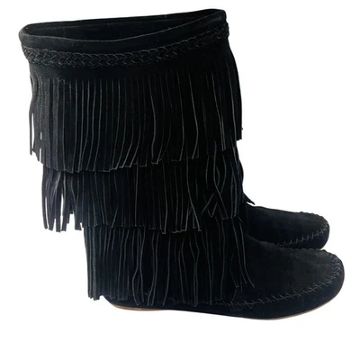 Minnetonka 3 Layered Fringe Boots Womens 10 Black Suede Moccasin Style Tall EUC - Image 1 of 4