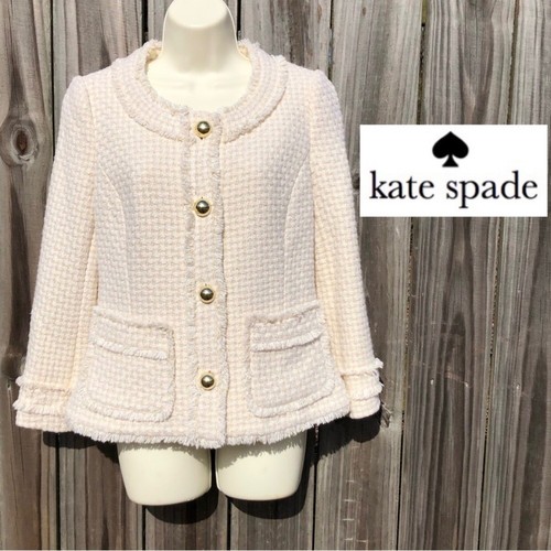 Giacca Blazer Kate Spade 6 Lana Seta Metallico Cappotto Top Crema Bianco Bottone Oro