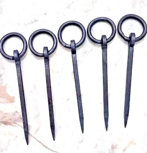 Antique Wrought Iron Tethering Ring on Pin Meat Beam Game Hooks Lots Of 5 - Picture 1 of 6