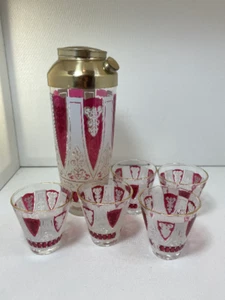 1960s MCM Cocktail Shaker and Glasses Set - Red & White with Gold Accents - Picture 1 of 10