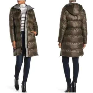 French Connection Hooded Puffer Coat Black Front Zip & Snap Pockets Size Large - Picture 1 of 9