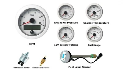 VDO OCEAN LINK SET OF GAUGES 5000 RPM WHITE 12V WITH SENSORS & DUT-E FUEL LEVEL  - Image 1 of 2