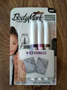 BIC BODYMARK TEMPORARY TATTOO MARKER Mandala 3 Fine Tip Markers/3 Stencils NEW - Picture 1 of 11
