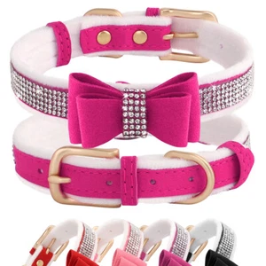 Bling Dog Puppy Collar Rhinestone with Bow Tie Bowknot Suede Leather Adjustable  - Picture 1 of 26