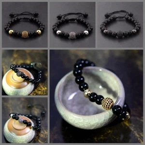 DouVei Natural Bright Black Lava Zircon Micro Pave Round Beaded Macrame Bracelet - Picture 1 of 24