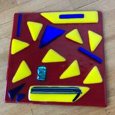 Fused Art Glass Decorative Tile Red Blue Yellow Abstract Geometric Pattern