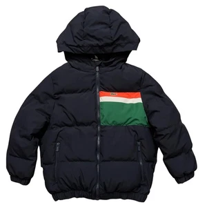 Lacoste Puffer Jacket Kids Size 6 Full-Zip Hooded Contrast Striped Blue - Picture 1 of 6