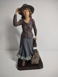 Vintage Figurine Traveling Lady with Blue Ruffle Skirt Hat Travel bag wood base - Picture 1 of 10