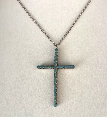 Collar de cadena vintage de plata de ley con incrustaciones de turquesa y cruz de coral rojo Foto 1 de 4