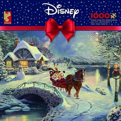 Quebra-cabeça Thomas Kinkade Mickey Minnie Mouse Sleigh Ride 1000 Ceaco Disney NOVO - Imagem 1 de 3