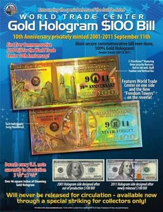 WORLD TRADE CENTER Tarjeta Holograma Dorada FREEDOM TOWER Certificado de Homenaje * BOGO * - Imagen 1 de 2