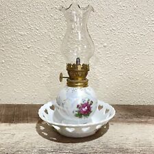 Vintage Lusterware Porcelain Oil Lamp Rose Iridescent Clear Crimped Edge Shade