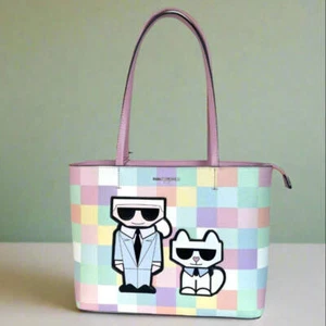 Karl Lagerfeld Maybelle Medium Tote Pink Blush Checker Shoulder Bag Cat Zip Top - Picture 1 of 9