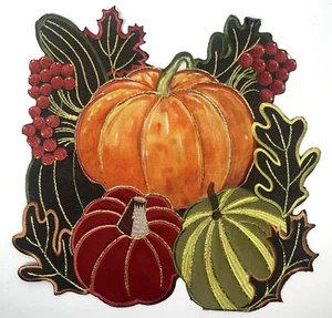 Thanksgiving Pumpkin Placemats Fabric Metallic Embroidered Cutwork 8 pc Fall NEW - Picture 1 of 16