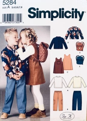 Simplicity Pattern 5284 Kids Top Pinafore Pants, Jacket & Backpack - Sizes 3 - 8 - Image 1 of 2