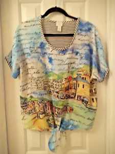 CHICO’S WOMEN’S PULLOVER CAP SLEEVES MULTICOLOR SCOOP NECK FRONT TIE SZ 1 ~ EUC - Picture 1 of 7