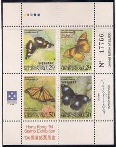 Hoja de Micronesia con 4 estampillas de mariposas 1994 Exposición de estampillas de Hong Kong - Imagen 1 de 1