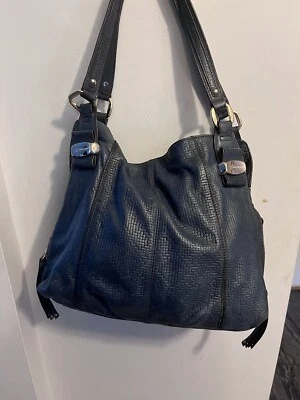 B. Makowsky Azul Tejido Cuero Alto Inclinado Bolso Cubo Cartera Bolso de Hombro Foto 1 de 4