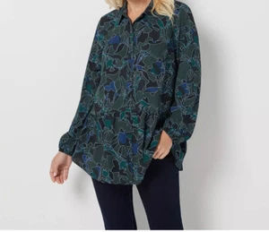 LOGO by Lori Goldstein Große L Grün Stretch Gewebt Knopfleiste Bluse Shirt Top - Bild 1 von 6