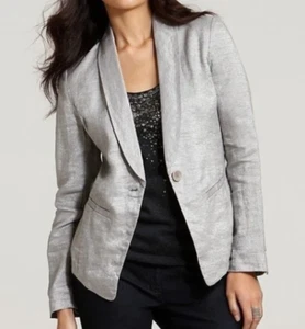 Eileen Fisher Womens Blazer Jacket Silver Shimmer 1 Button Closure Linen XL - Picture 1 of 11