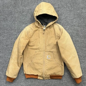 VTG Carhartt Lined Barn Chore Coat Youth Large Brown Canvas Hooded YYJ158 BRN - Picture 1 of 9