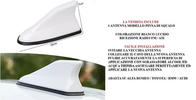 ANTENNA FM AM PER AUTO PINNA SQUALO BIANCO TETTO ADESIVO AUTORADIO 1 DIN 2 DIN - Immagine 1 di 4