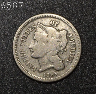 1865 Nickel Three-Cent Piece *Free S/H After 1st Item* - Image 1 of 2